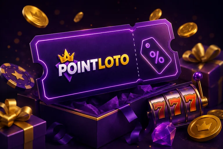 Иллюстрация бонусного купона Pointloto с логотипом казино среди подарков и фишек