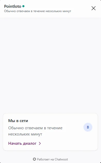 Окно онлайн-чата поддержки Pointloto с кнопкой начала диалога